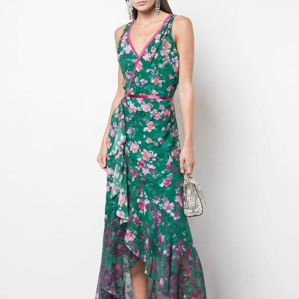 Marchesa Notte V-Neck Printed Burnout Chiffon Gown